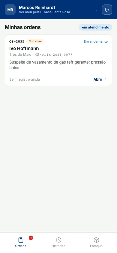 Assistência técnica de ordenha — App do técnico